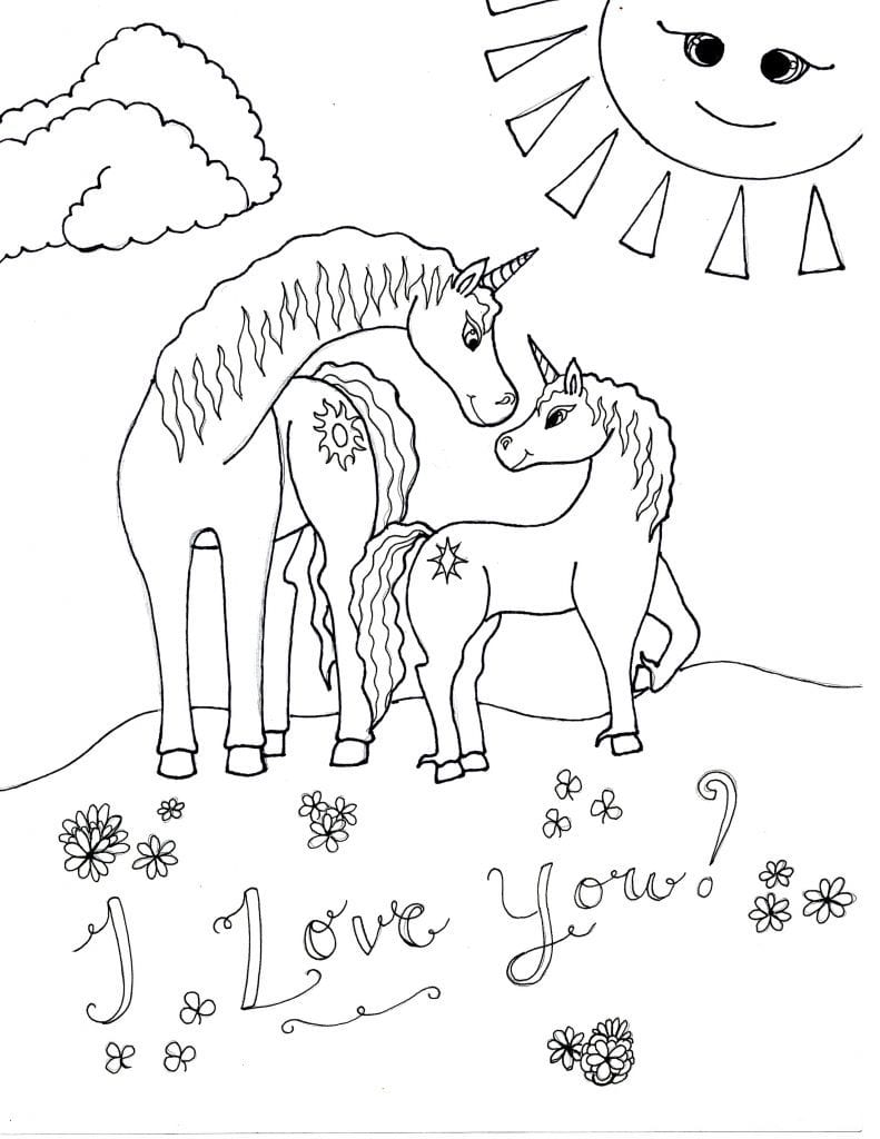 Cute standing cartoon unicorn. Coloring book page with colorful