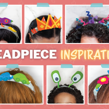 Photos of different designs of headpieces, including a space theme, crown, alien, funky swirls, cars, and flowers.