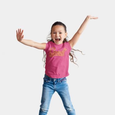 Excited girl wearing pink Smart Like Mama t-shirt for kids