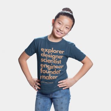 Little girl wearing blue Smart Girls Squad shirt for kids